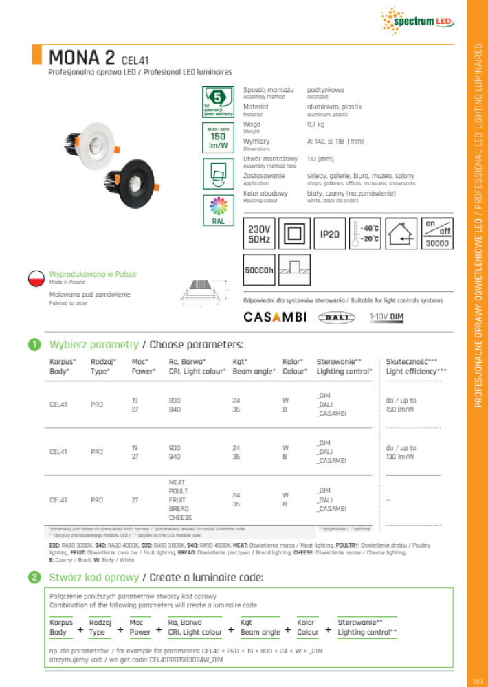 LED MONA 2 Einbaustrahler 10W schwenkbar 1400lm 36° rund 230V weiß IP20 Neutralweiss 4000K - Sonderanfertigung