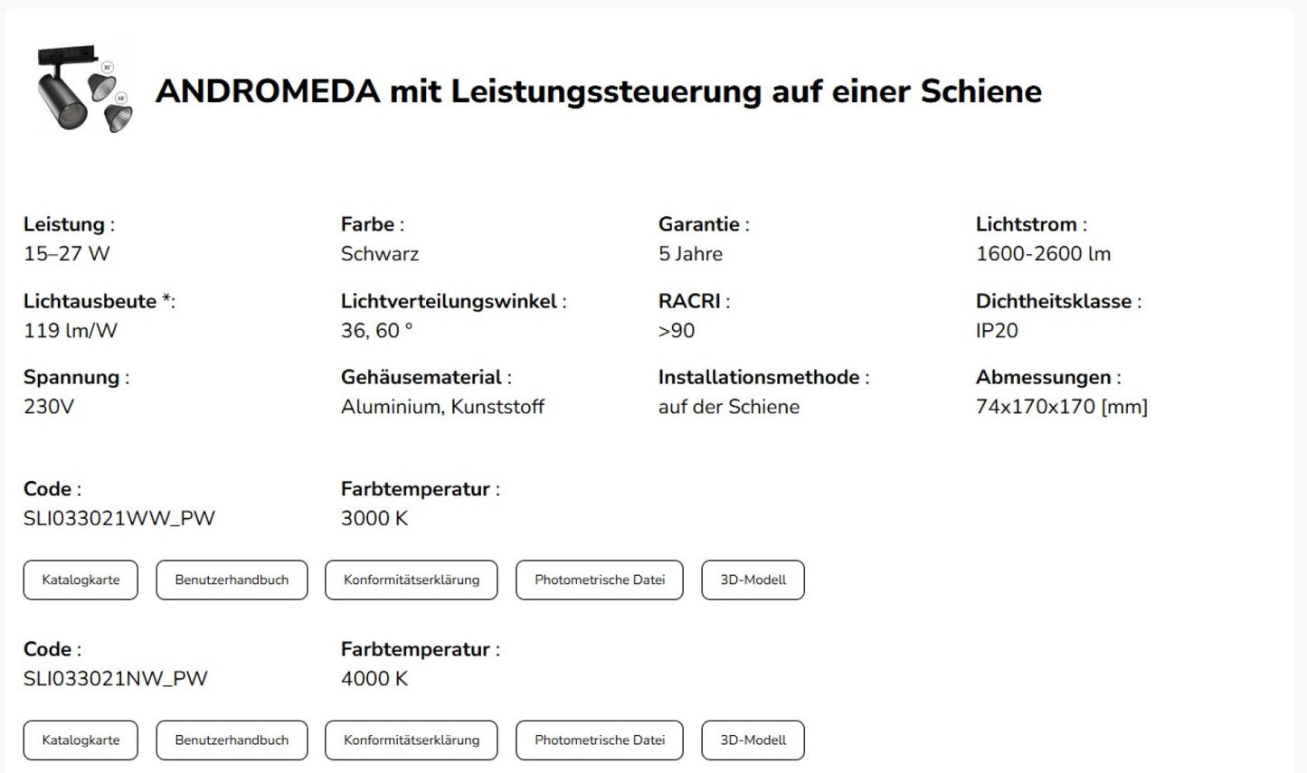 3-Phasen Stromschienenstrahler ANDROMEDA 15-27W 3200lm Schwarz 36°/60° 230V IP20 Neutralweiss 4000K
