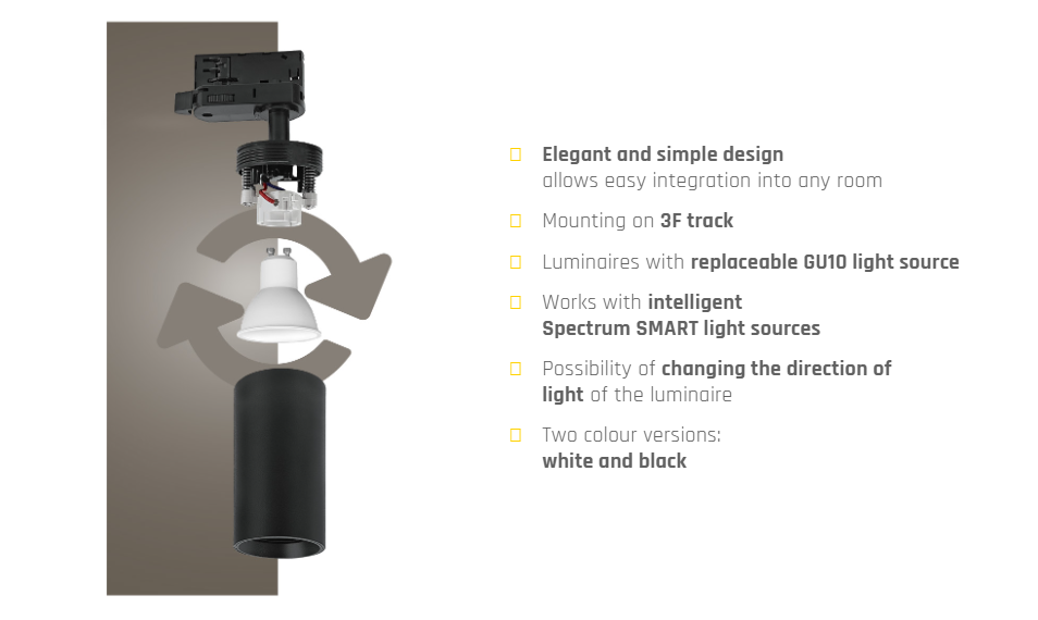 Spectrum LED 3-Phasen Stromschienenstrahler MADARA Altro GU10 Spot 230V IP20 max. 10W schwarz