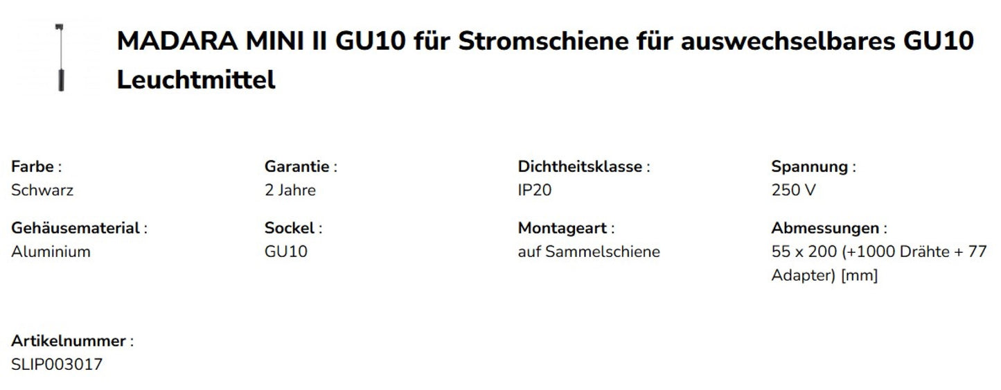 LED 3-Phasen Stromschienenstrahler MADARA MINI II GU10 Pendelleuchte kürzbar IP20 max. 10W schwarz