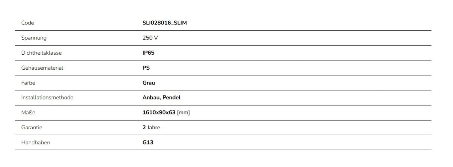 Feuchtraumleuchte Wannenleuchte 161cm IP65 grau fuer 2 x T8 LED Roehre G13 150cm