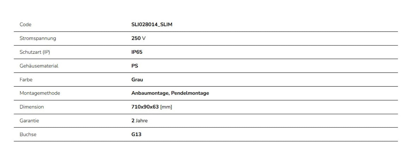 LED LIMEA TRI PROOF Feuchtraumleuchte Wannenleuchte 67cm IP65 grau fuer 2 x T8 LED Roehre G13 60cm