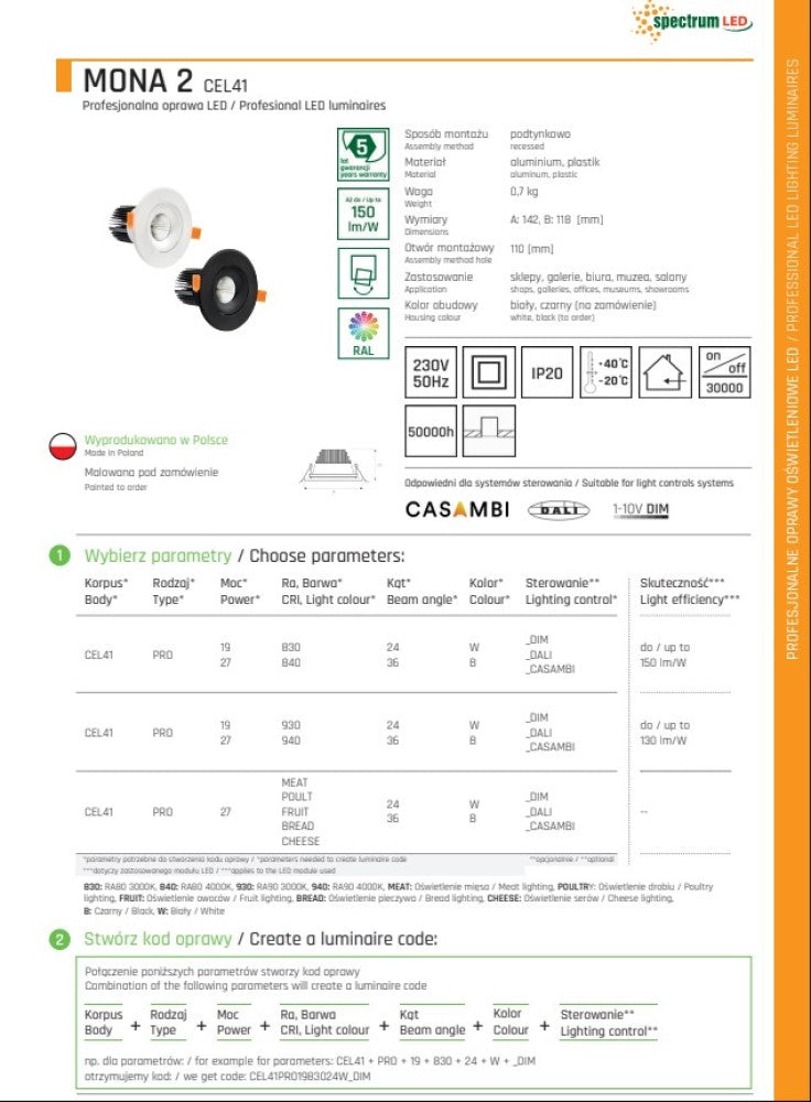 LED MONA 2 Einbaustrahler 10W schwenkbar 2660lm 36° rund 230V weiss IP20 Warmweiss 3000K DALI - Sonderanfertigung