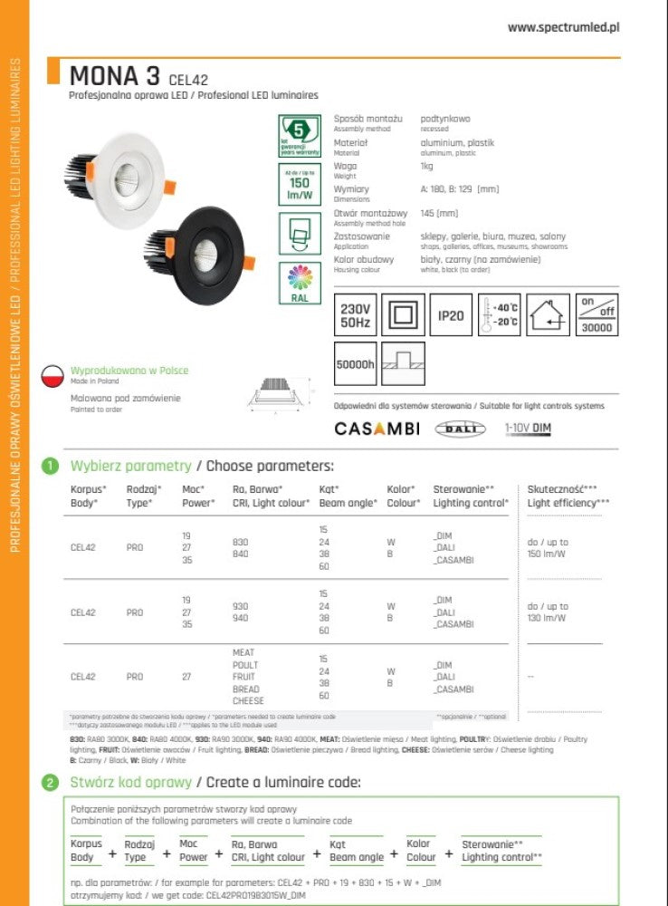LED MONA 3 Einbaustrahler 19W schwenkbar 2280lm 15° rund 230V schwarz IP20 Warmweiss 3000K - Sonderanfertigung