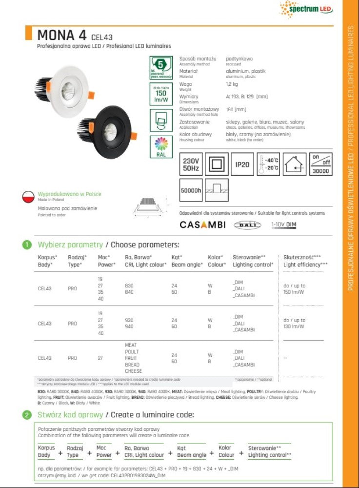 LED MONA 4 Einbaustrahler 35W schwenkbar 4725lm 60° rund 230V weiß IP20 Neutralweiß 4000K - Sonderanfertigung