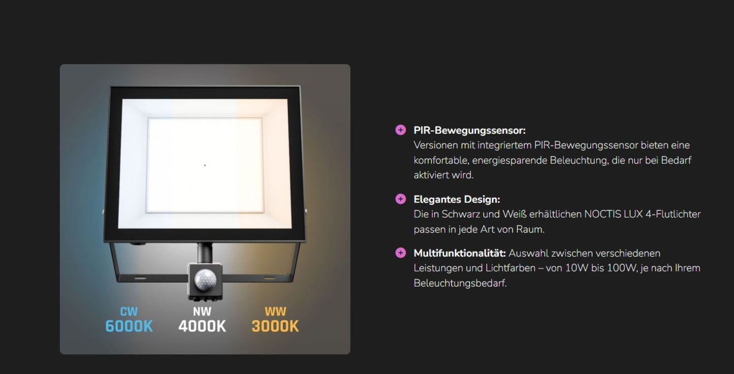 LED NOCTIS LUX 4 Fluter 10W Strahler 750lm weiss 100° IP44 Neutralweiss 4000K mit Bewegungssensor