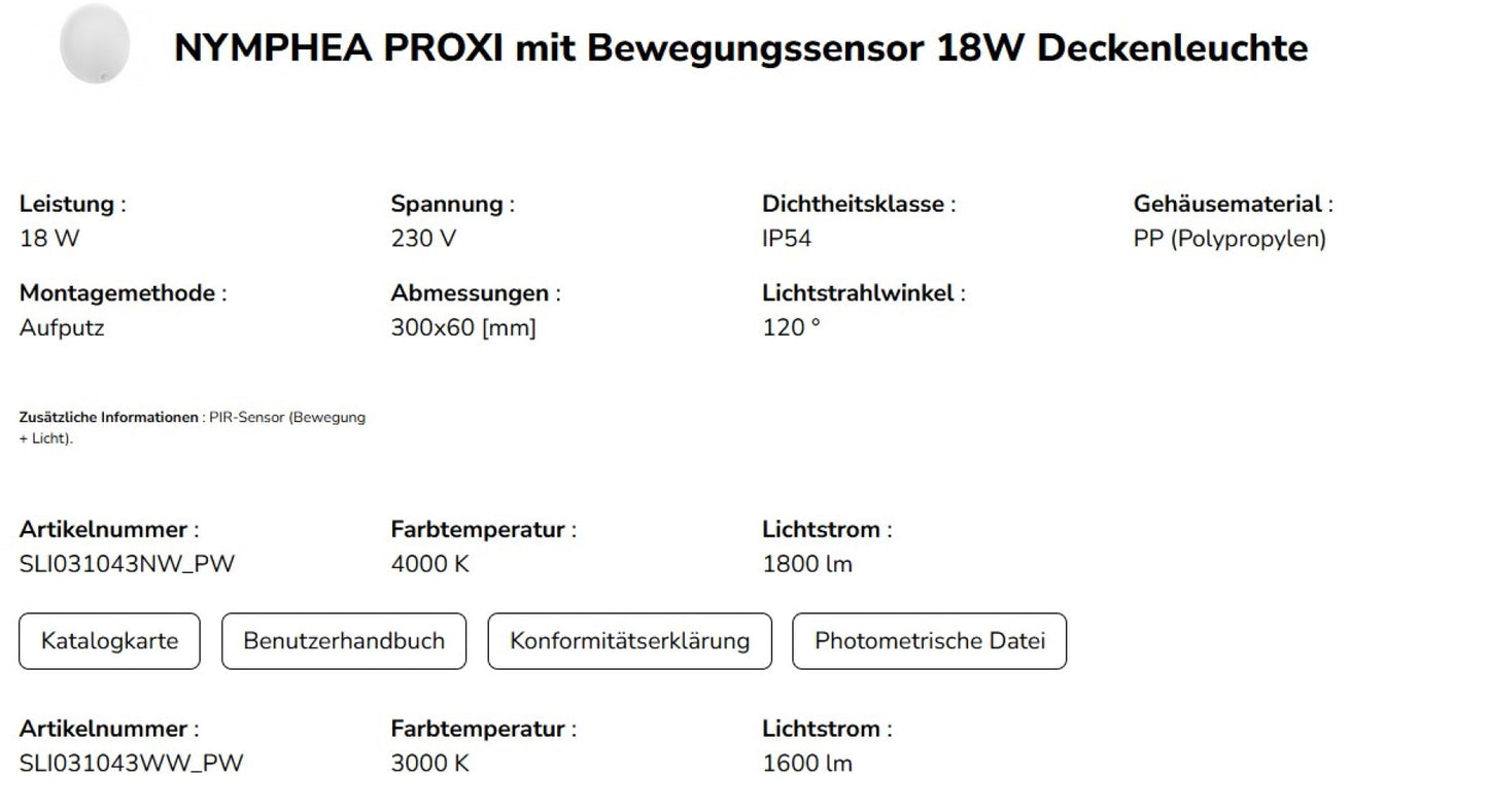LED NYMPHEA PROXI PIR 18W Deckenleuchte 120° 2000lm weiss IP54 rund Warmweiss 3000K mit Bewegungssensor