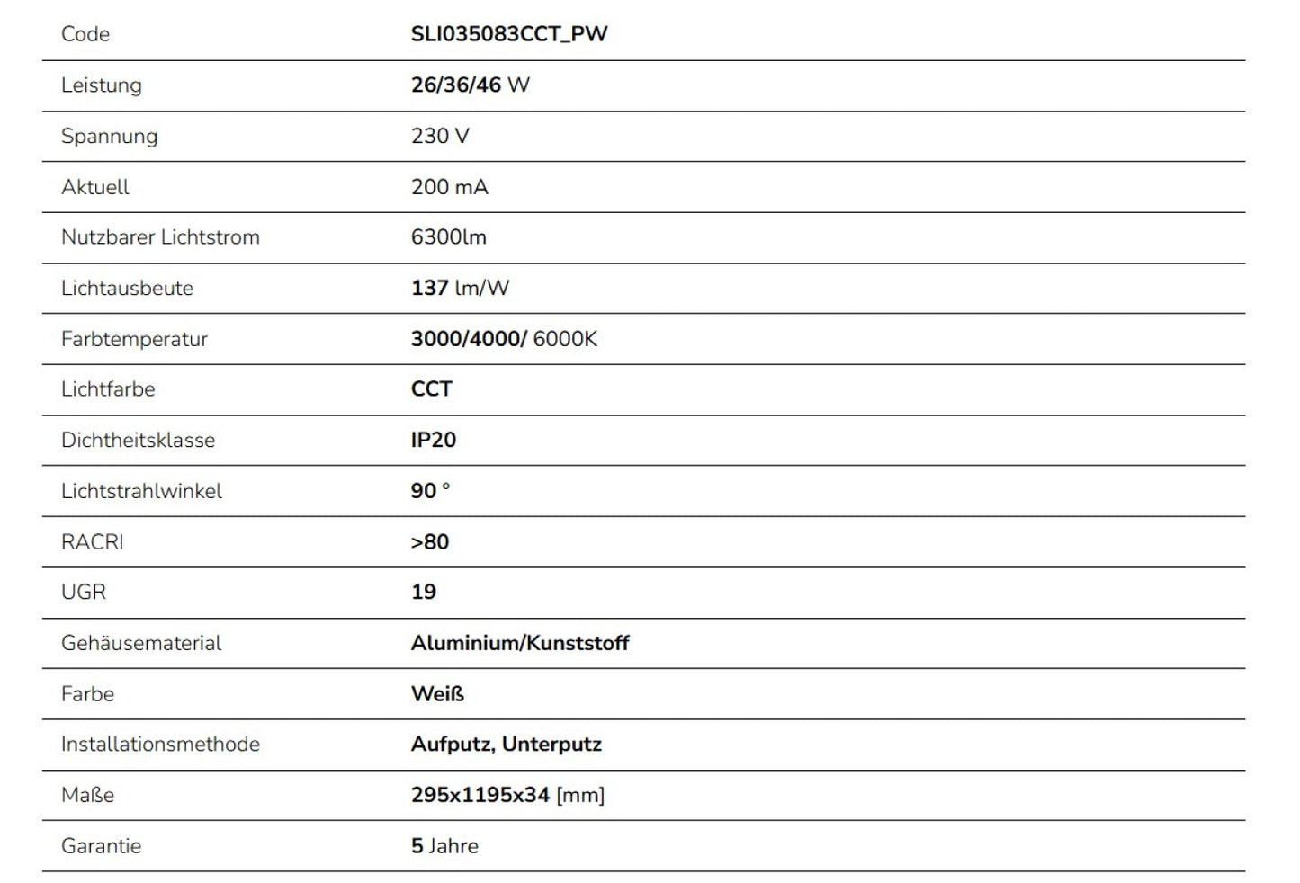 LED Panel Algine 26W/36W/46W eckig 30x120cm DIP-Switch 6300lm UGR 19 weiss 90° IP20 3000-6000K CCT
