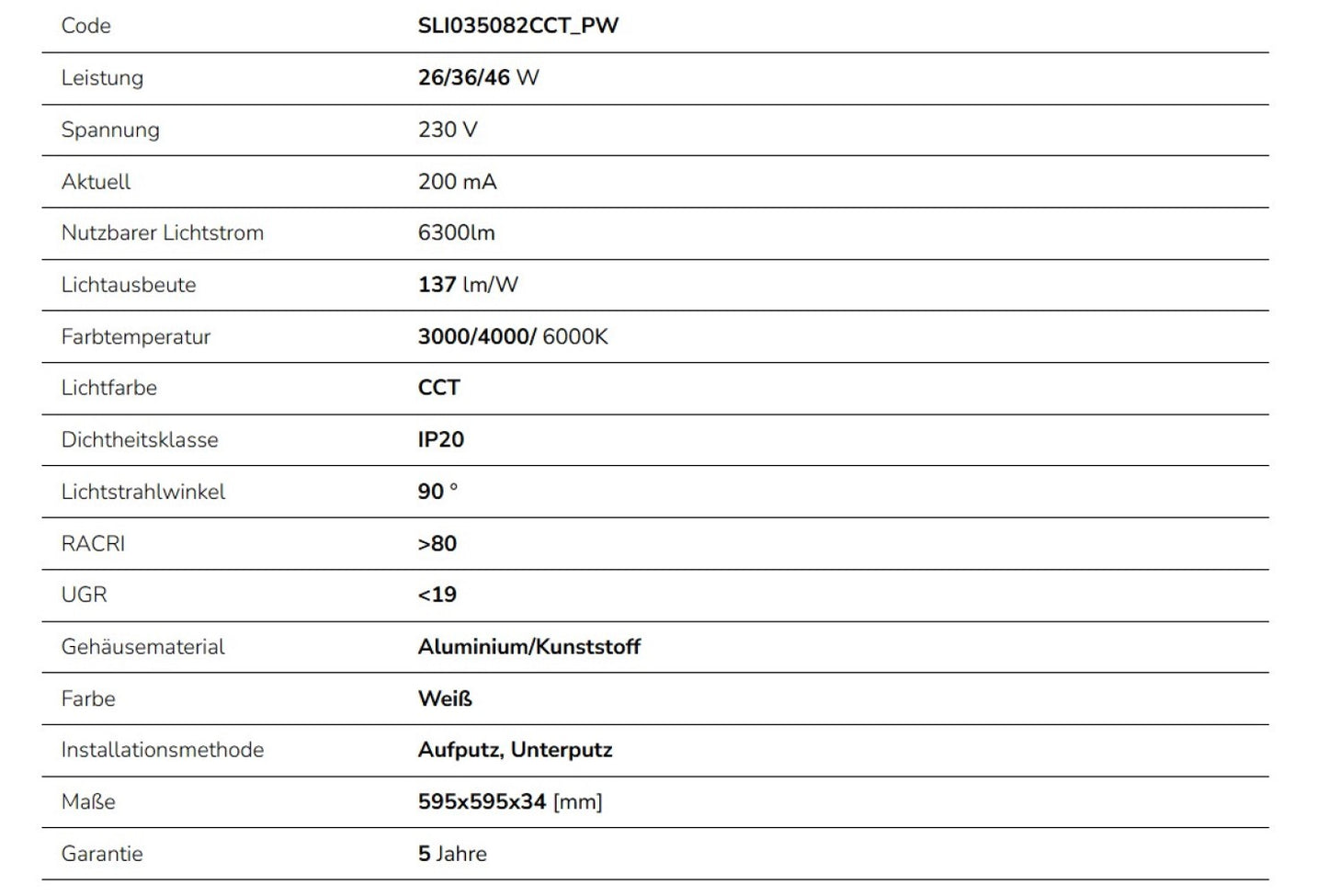 LED Panel Algine 26W/36W/46W eckig 60x60cm DIP-Switch 6300lm UGR<19 weiss 90° IP20 3000-6000K CCT