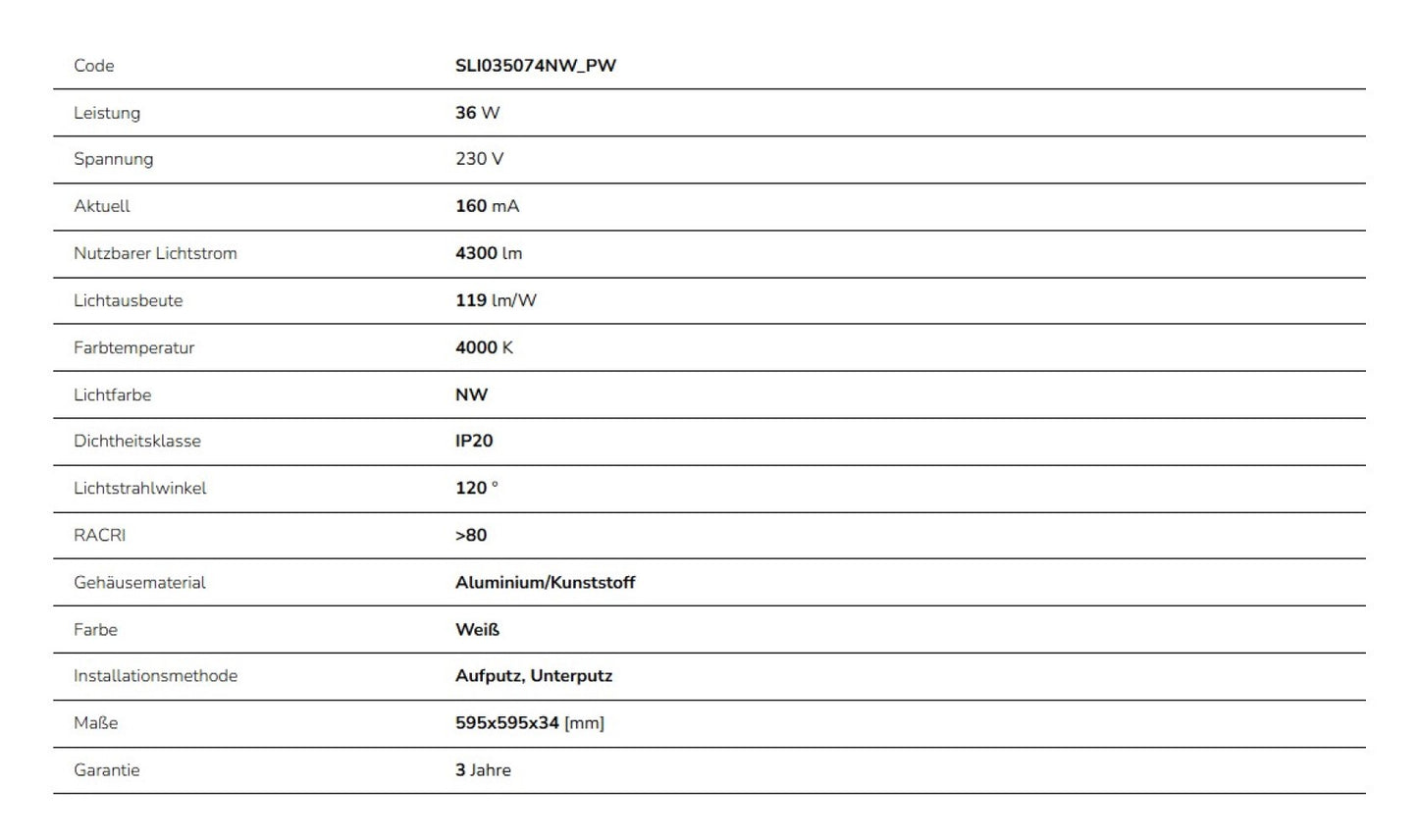 LED Panel Algine 36W eckig 60x60cm weiss 4300lm 120° IP20 Neutralweiss 4000K
