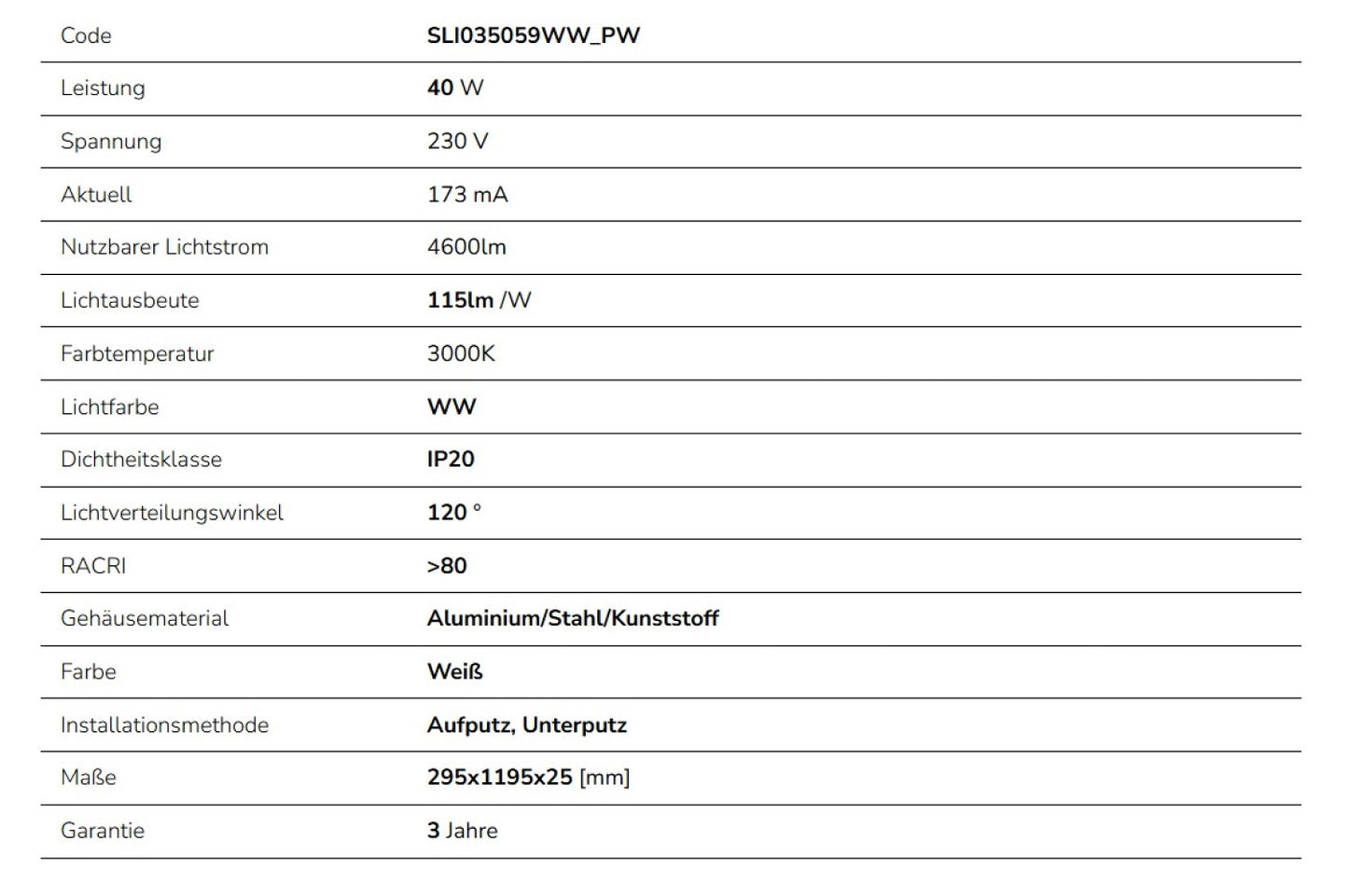 LED Panel Algine 40W eckig 30x120cm 4600lm 230V weiss 120° IP20 Warmweiss 3000K