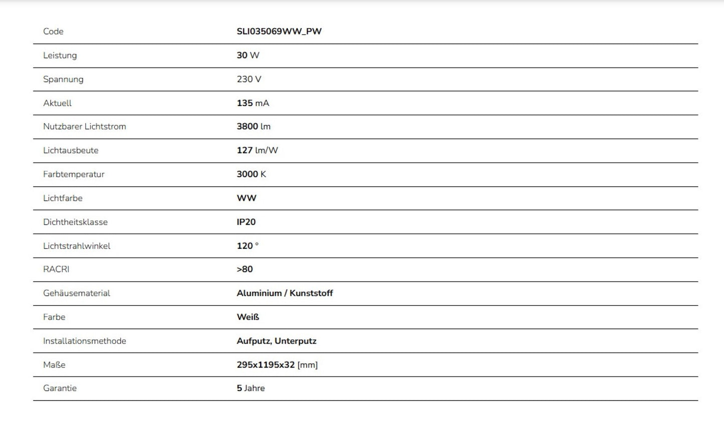 LED Panel Algine Backlight 30W eckig 30x120cm 3800lm 120° IP20 Warmweiss 3000K