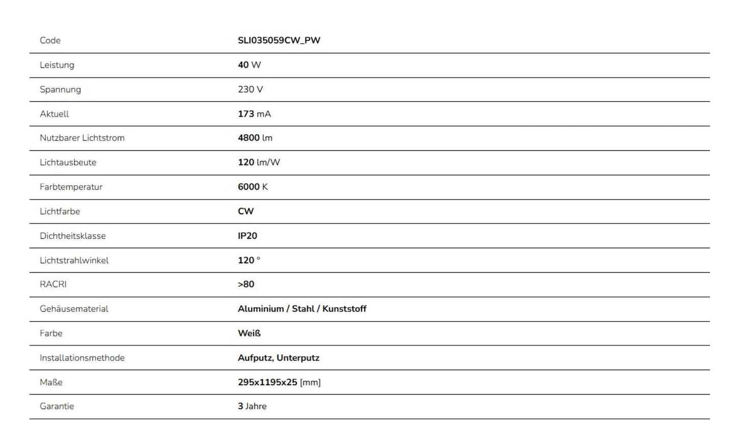 LED Panel Algine Backlight 40W eckig 30x120cm 4800lm 120° IP20 Kaltweiss 6000K