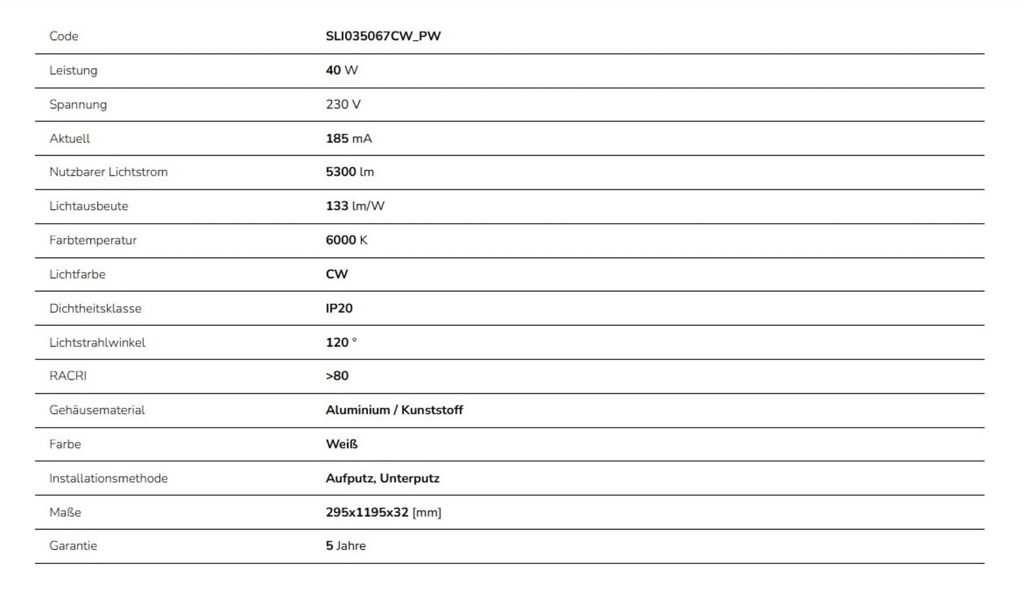 LED Panel Algine Backlight 40W eckig 30x120cm 5300lm 120° IP20 Kaltweiss 6000K