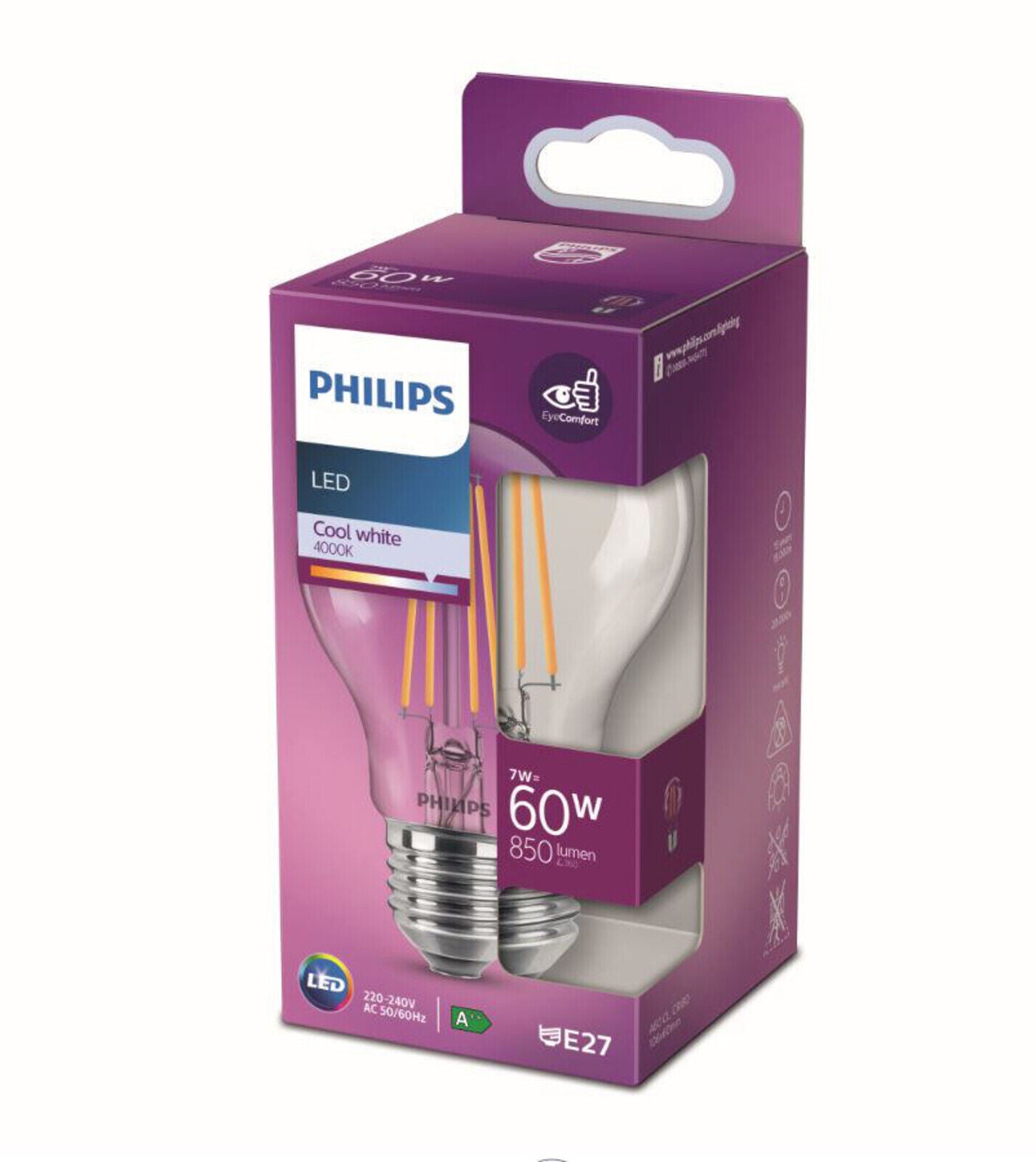 Philips LED E27 A60 Filament klar 7W = 60W Birnenform 850lm 230V Kaltweiß 4000K