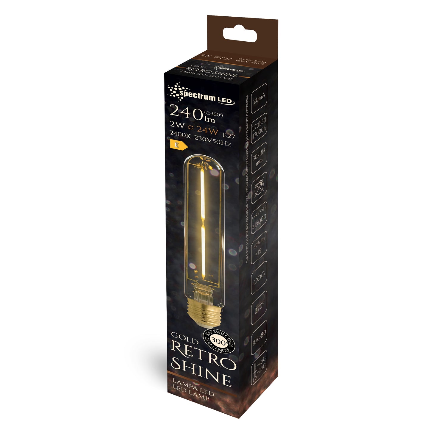 Spectrum LED E27 T30 Röhrenform Gold 2W = 24W Retroshine 240lm Stabform Warmweiß 2400K