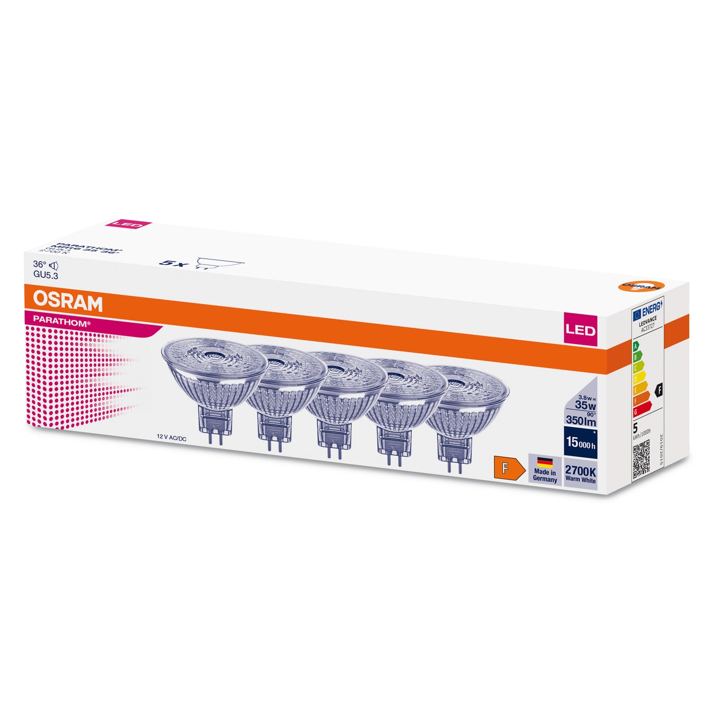 5er OSRAM LED GU5,3 MR16 3,8W = 35W Reflektor 12V 350lm 36° Warmweiß 2700K