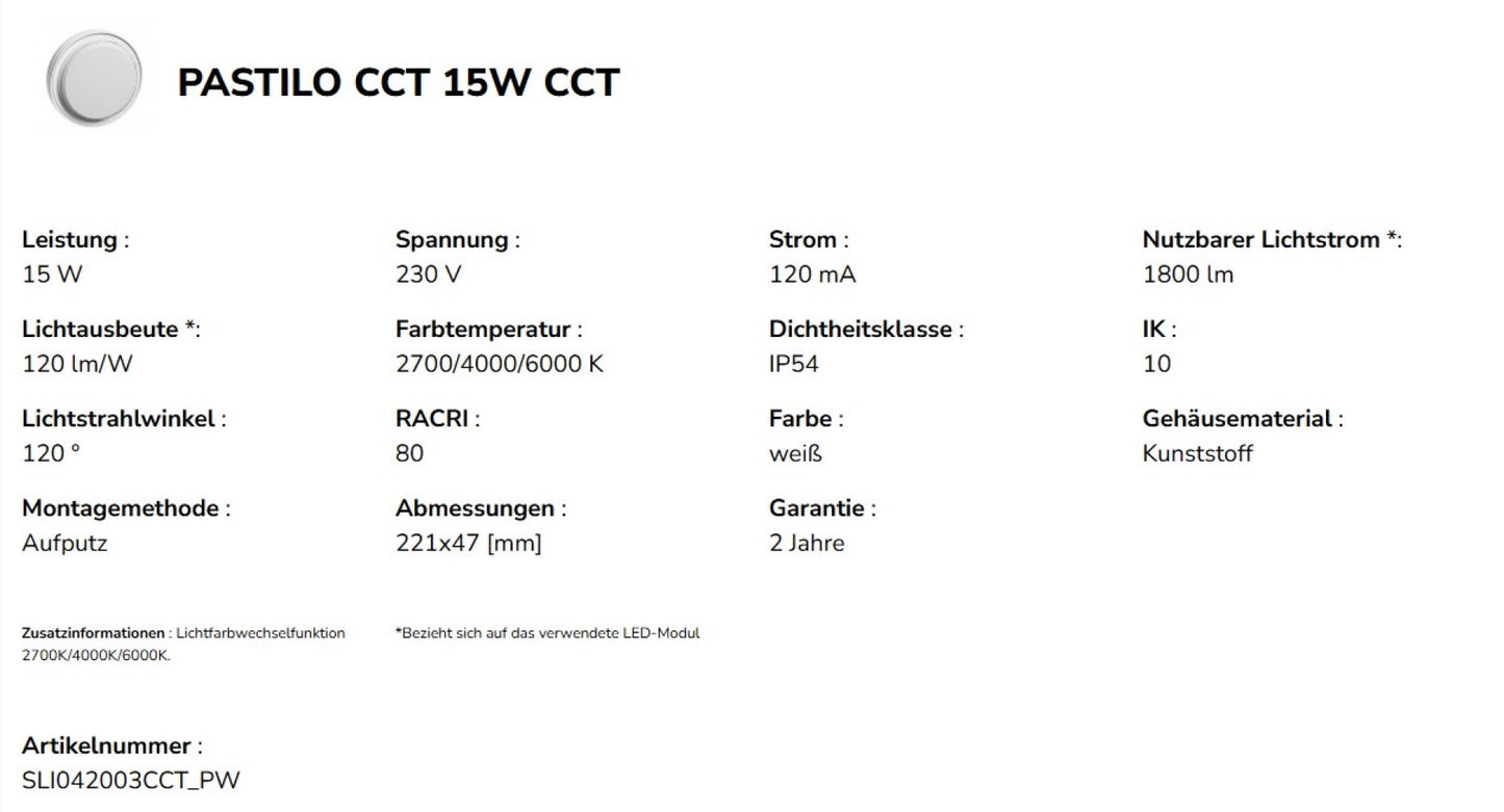 Spectrum LED PASTILO 15W Wandleuchte 120° außenleuchte 1800lm weiß IP54 rund IK10 2700-6000K CCT