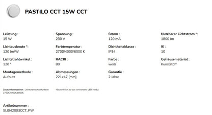 Spectrum LED PASTILO 15W Wandleuchte 120° außenleuchte 1800lm weiß IP54 rund IK10 2700-6000K CCT