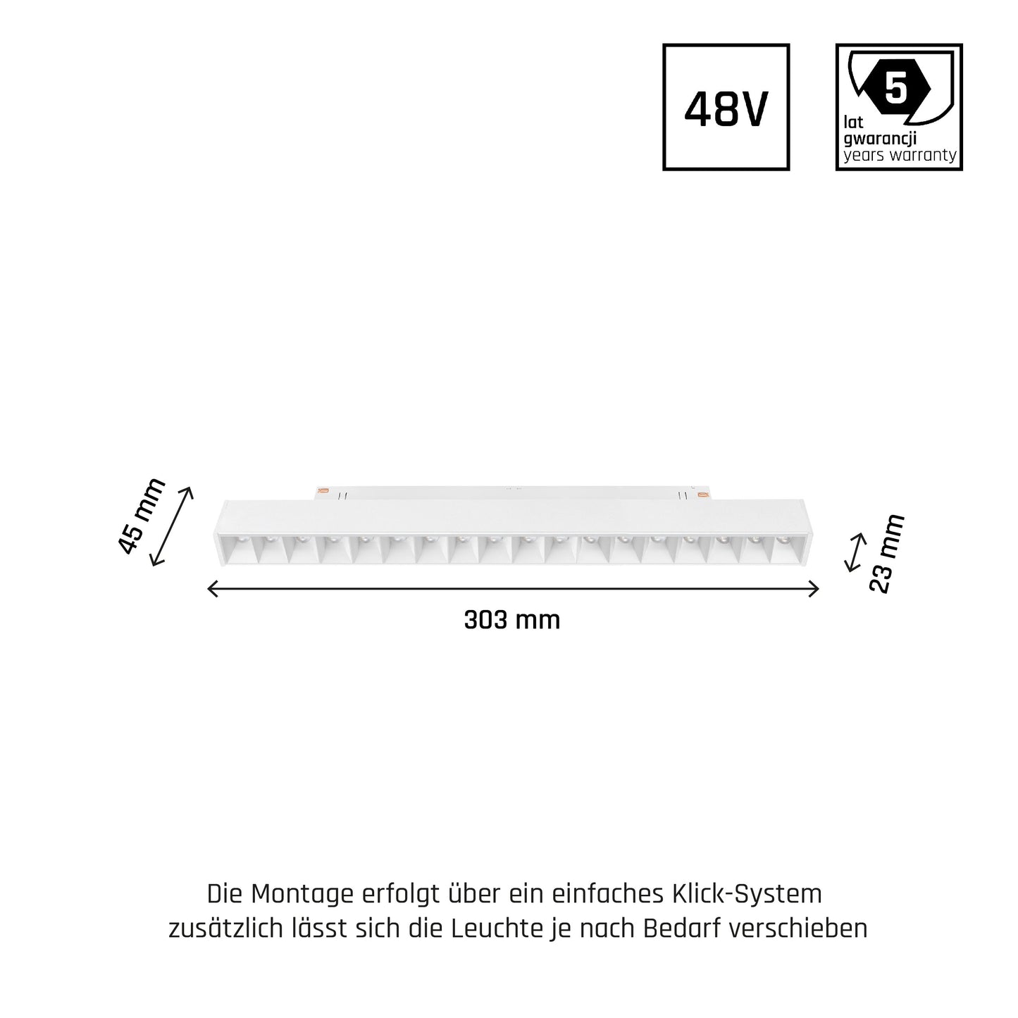 48V LED Schienenleuchte Smart Grid L 22W – Weiß, 440mm, UGR<19, CCT &amp; Dimmbar, Zigbee/Hue 