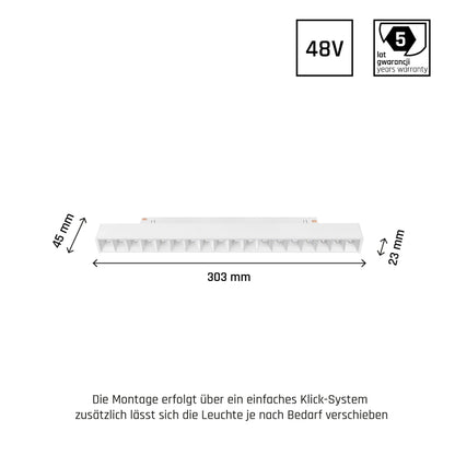 48V LED Schienenleuchte Smart Grid L 22W – Weiß, 440mm, UGR<19, CCT &amp; Dimmbar, Zigbee/Hue 
