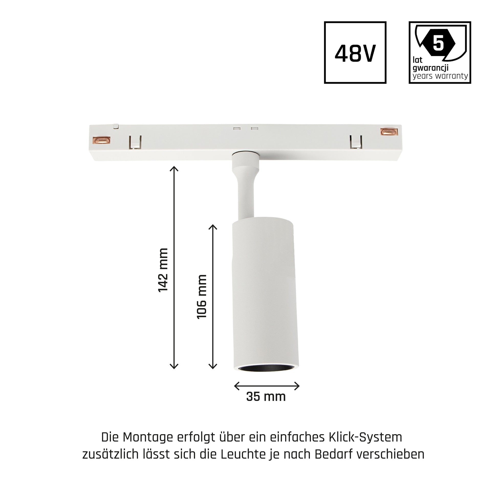 Smarte 48V LED Schienenleuchte Spot M 10W – Weiß, 24°, CCT &amp; Dimmbar, Zigbee/Hue kompatibel