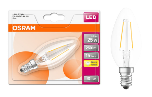 LED E14 B35 Kerze Filament 2W = 25W Klar 250lm Warmweiss 2700K