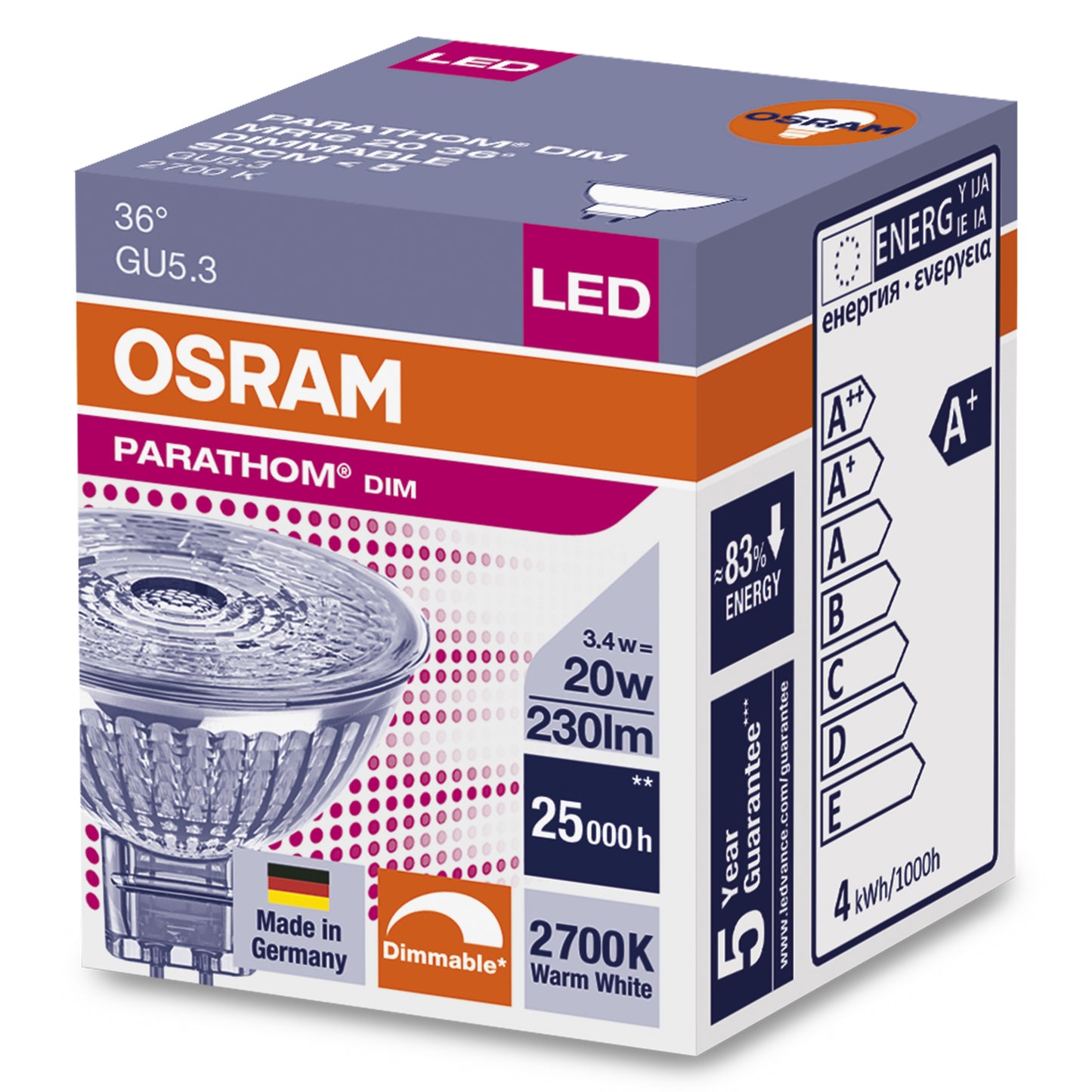 OSRAM LED GU5,3 MR16 3,4W = 20W 230lm 12V Reflektor 36° Warmweiß 2700K DIMMBAR