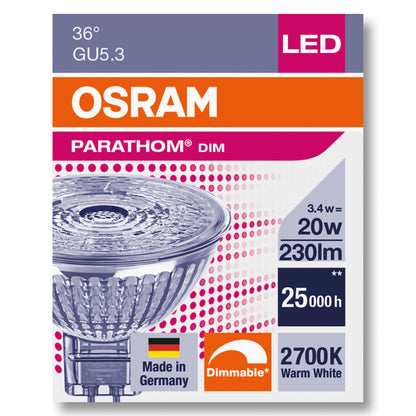 OSRAM LED GU5,3 MR16 3,4W = 20W 230lm 12V Reflektor 36° Warmweiß 2700K DIMMBAR