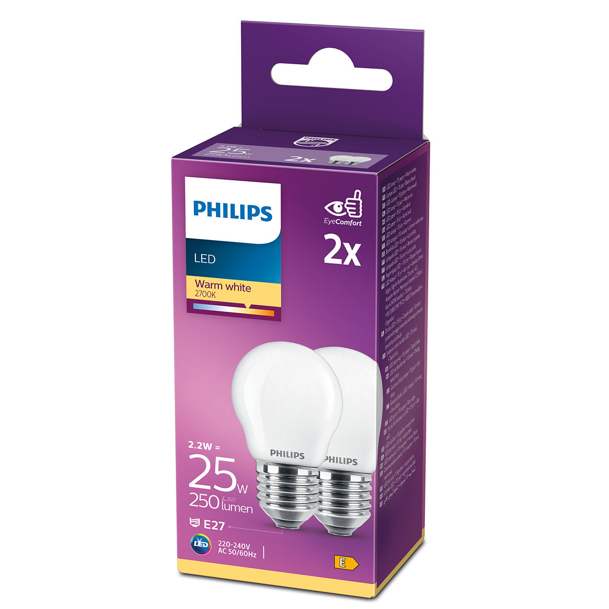 2er Pack Philips LED E27 G45 Tropfen 2,2W = 25W 250lm 230V Warmweiß 2700K