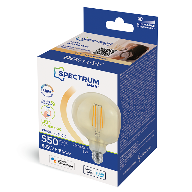 Spectrum LED E27 G125 Gold Smart Home 5,5W=44W 550lm Alexa Google Tuya 1700K-2700K DIMMBAR