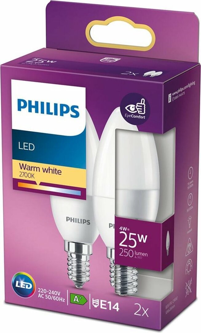 2er Pack Philips LED E14 B35 4W = 25W Kerzenform 250lm 230V Warmweiß 2700K