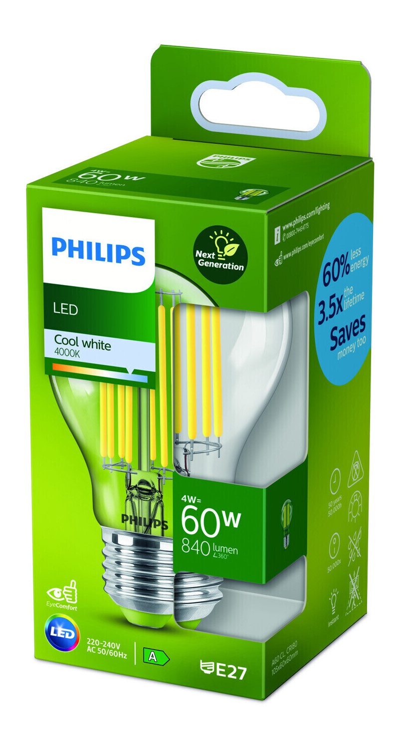 Philips LED E27 A60 Filament Klar 4W = 60W ULTRA EFFIZIENT 840lm Neutralweiß 4000K