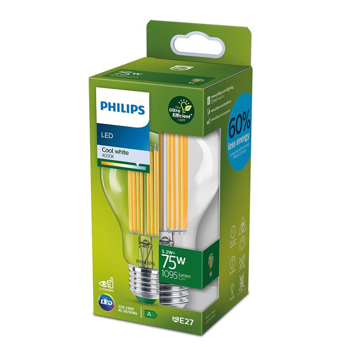 Philips LED E27 A70 Filament Klar 5,2W = 75W ULTRA EFFIZIENT 1095lm Neutralweiß 4000K