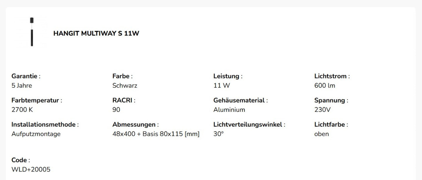 Spectrum LED HANGIT MULTIWAY S 11W Deckenleuchte 1070lm schwarz 30° höhenverstellbar 230V IP20 Warmweiß 2700K