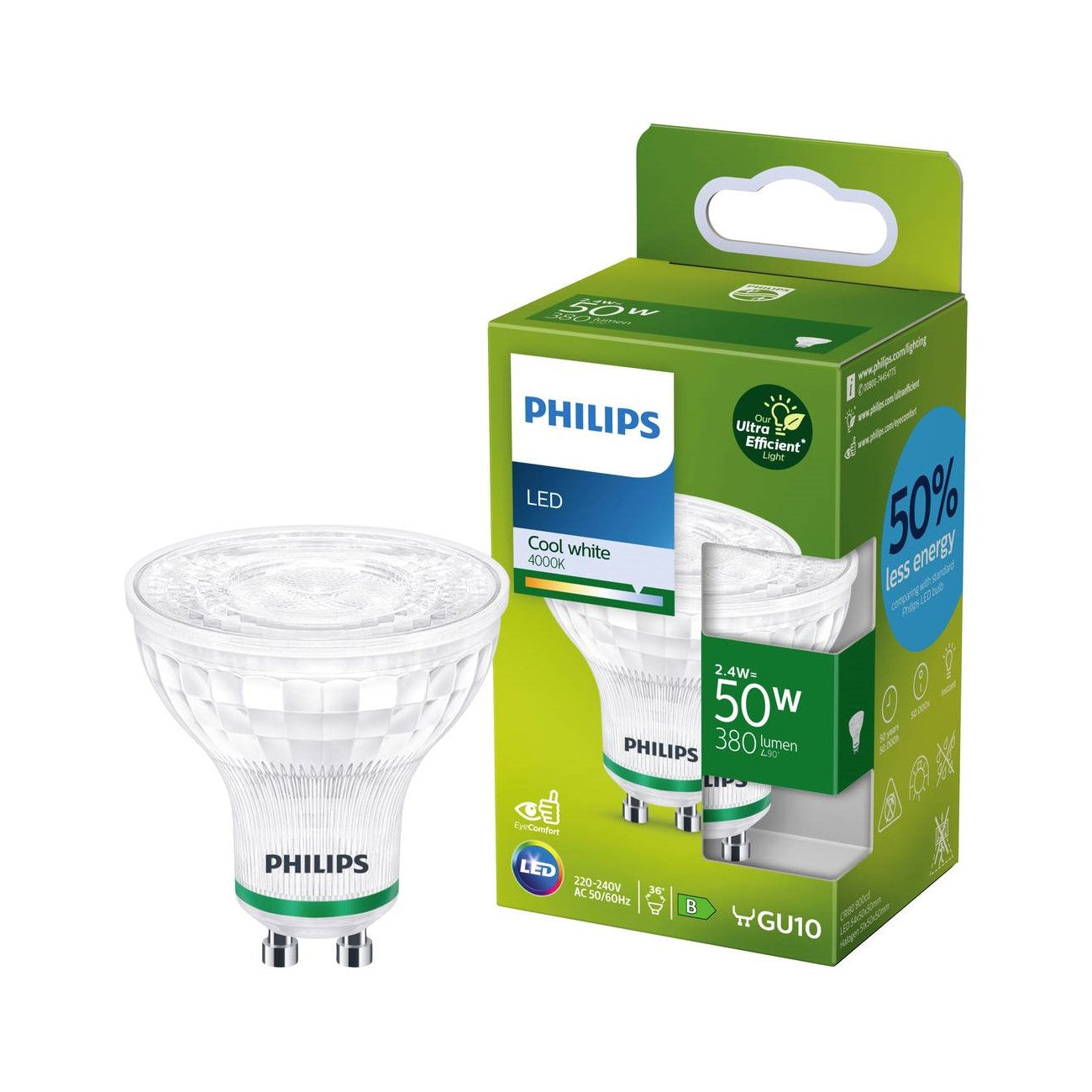 Philips LED GU10 2,4W = 50W Reflektor 380lm ULTRA EFFIZIENT 36° Neutralweiß 4000K