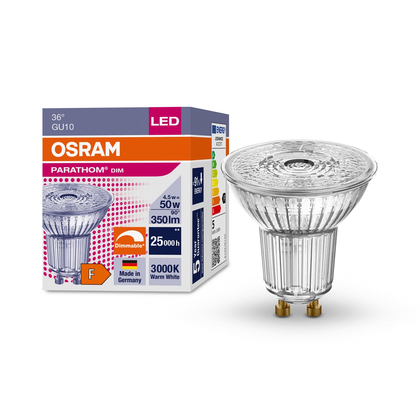 OSRAM LED GU10 4,5W = 50W Reflektor 350lm 36° Warmweiß 3000K DIMMBAR