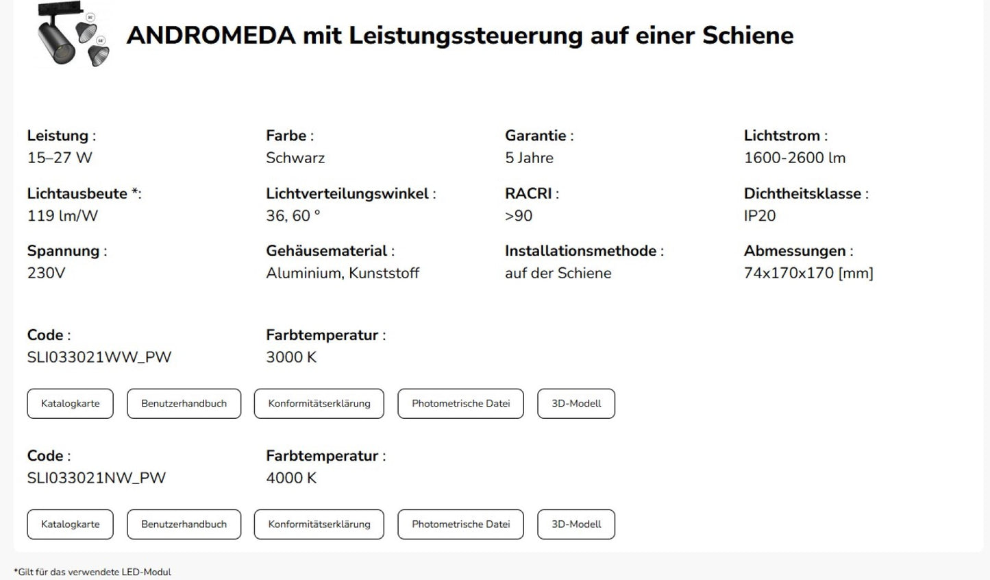 LED 3-Phasen Stromschienenstrahler ANDROMEDA 15-27W 3000lm Schwarz 36°/60° 230V IP20 Warmweiss 3000K