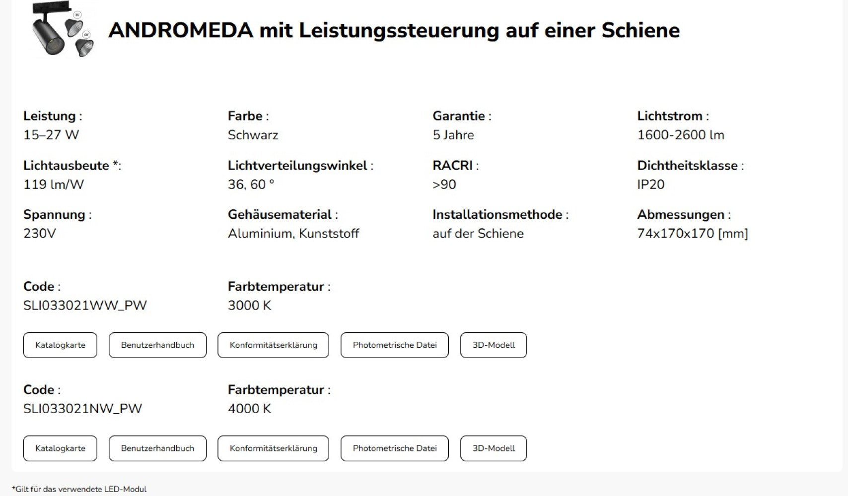 LED 3-Phasen Stromschienenstrahler ANDROMEDA 15-27W 3000lm Schwarz 36°/60° 230V IP20 Warmweiss 3000K