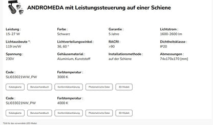 LED 3-Phasen Stromschienenstrahler ANDROMEDA 15-27W 3000lm Schwarz 36°/60° 230V IP20 Warmweiss 3000K