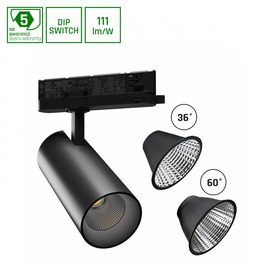 LED 3-Phasen Stromschienenstrahler ANDROMEDA 15-27W 3000lm Schwarz 36°/60° 230V IP20 Warmweiss 3000K