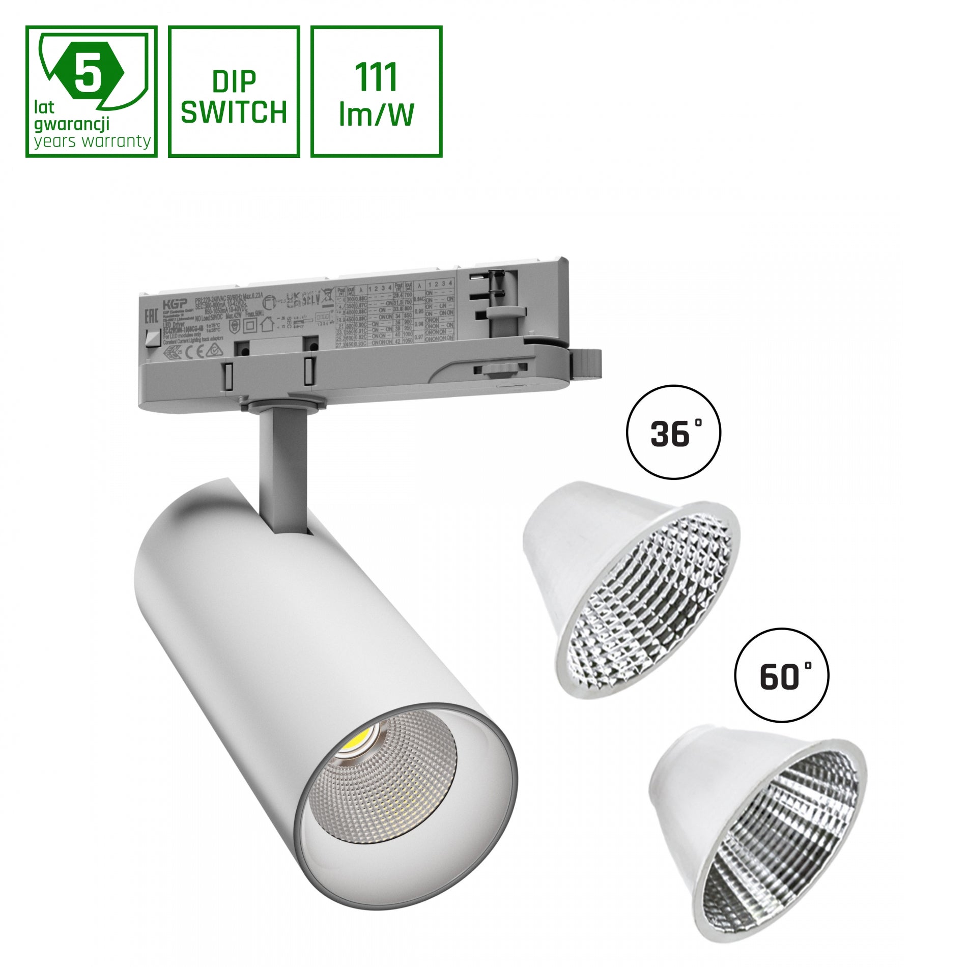 3-Phasen Stromschienenstrahler ANDROMEDA 15-27W 3000lm weiss 36°/60° 230V IP20 Warmweiss 3000K