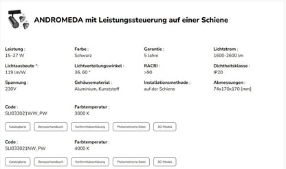 3-Phasen Stromschienenstrahler ANDROMEDA 15-27W 3200lm Schwarz 36°/60° 230V IP20 Neutralweiss 4000K
