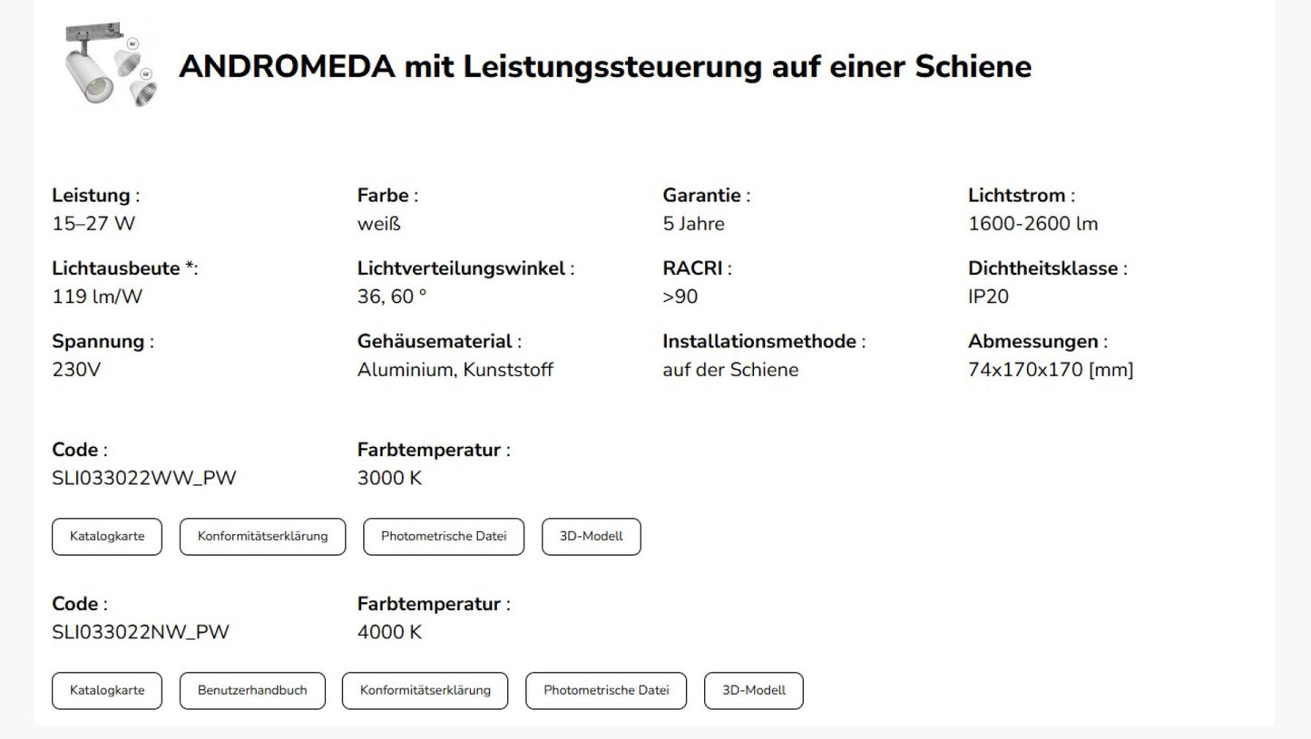 3-Phasen Stromschienenstrahler ANDROMEDA 15-27W 3200lm weiss 36°/60° 230V IP20 Neutralweiss 4000K
