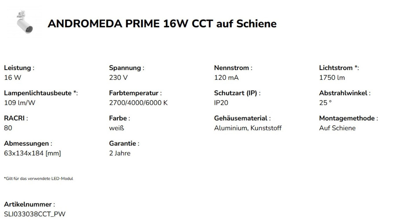 LED 3-Phasen Stromschienenstrahler ANDROMEDA PRIME 16W 1750 lm weiss 25° IP20 2700-6000K CCT