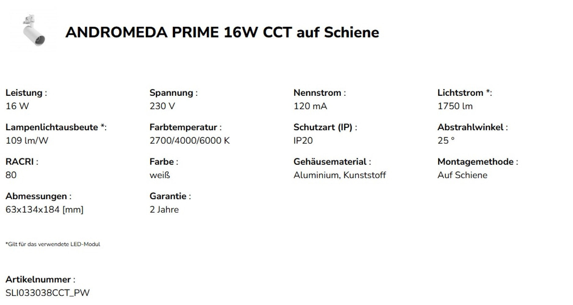 LED 3-Phasen Stromschienenstrahler ANDROMEDA PRIME 16W 1750 lm weiss 25° IP20 2700-6000K CCT