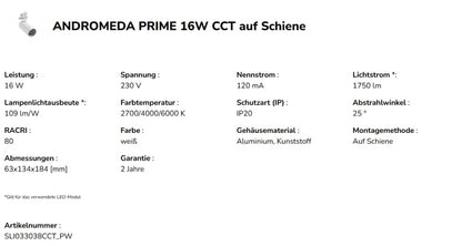 LED 3-Phasen Stromschienenstrahler ANDROMEDA PRIME 16W 1750 lm weiss 25° IP20 2700-6000K CCT