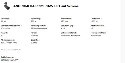 LED 3-Phasen Stromschienenstrahler ANDROMEDA PRIME 16W 1750lm schwarz 25° IP20 2700-6000K CCT