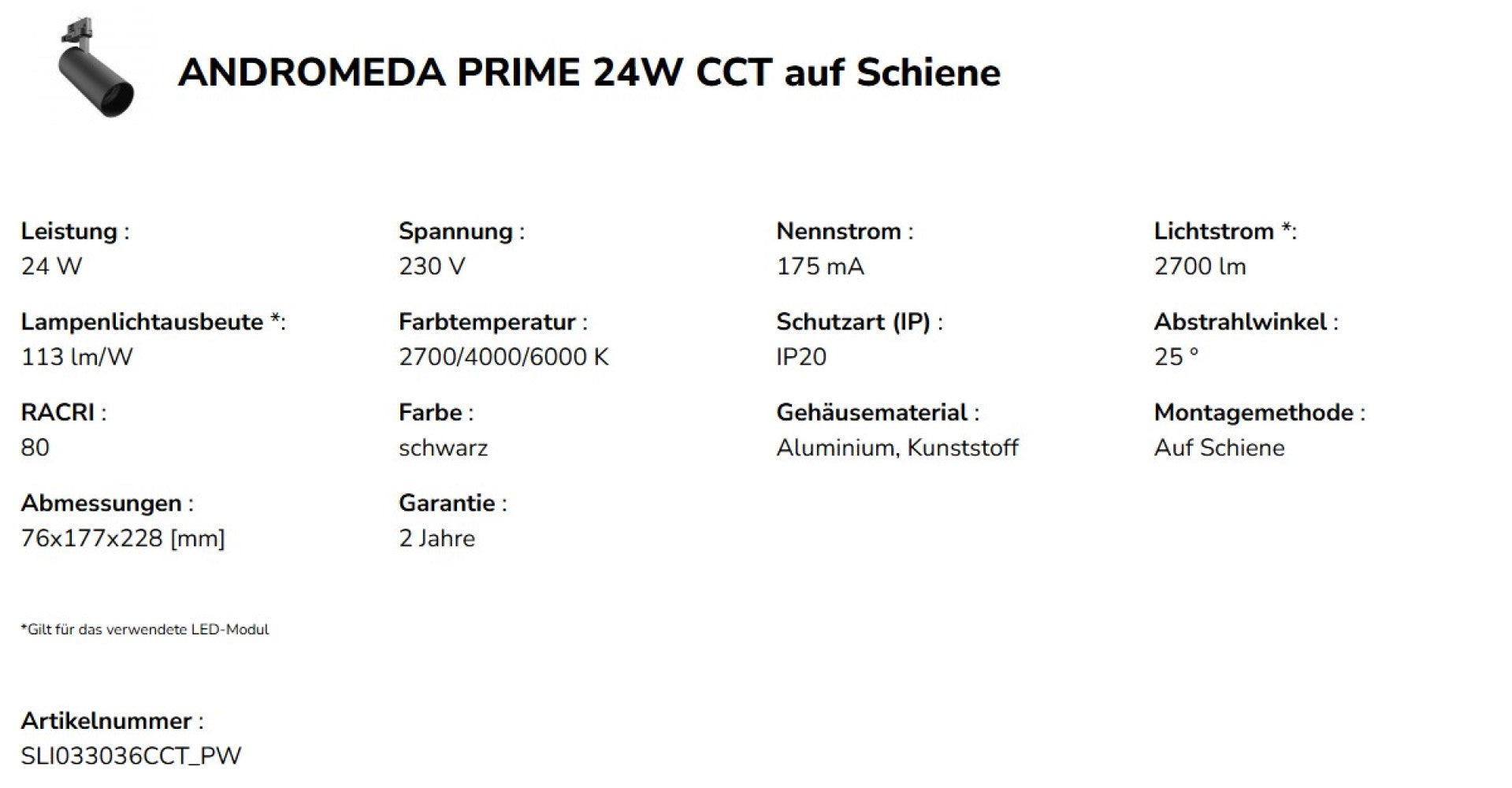 LED 3-Phasen Stromschienenstrahler ANDROMEDA PRIME 24W 2700lm schwarz 25° IP20 2700-6000K CCT