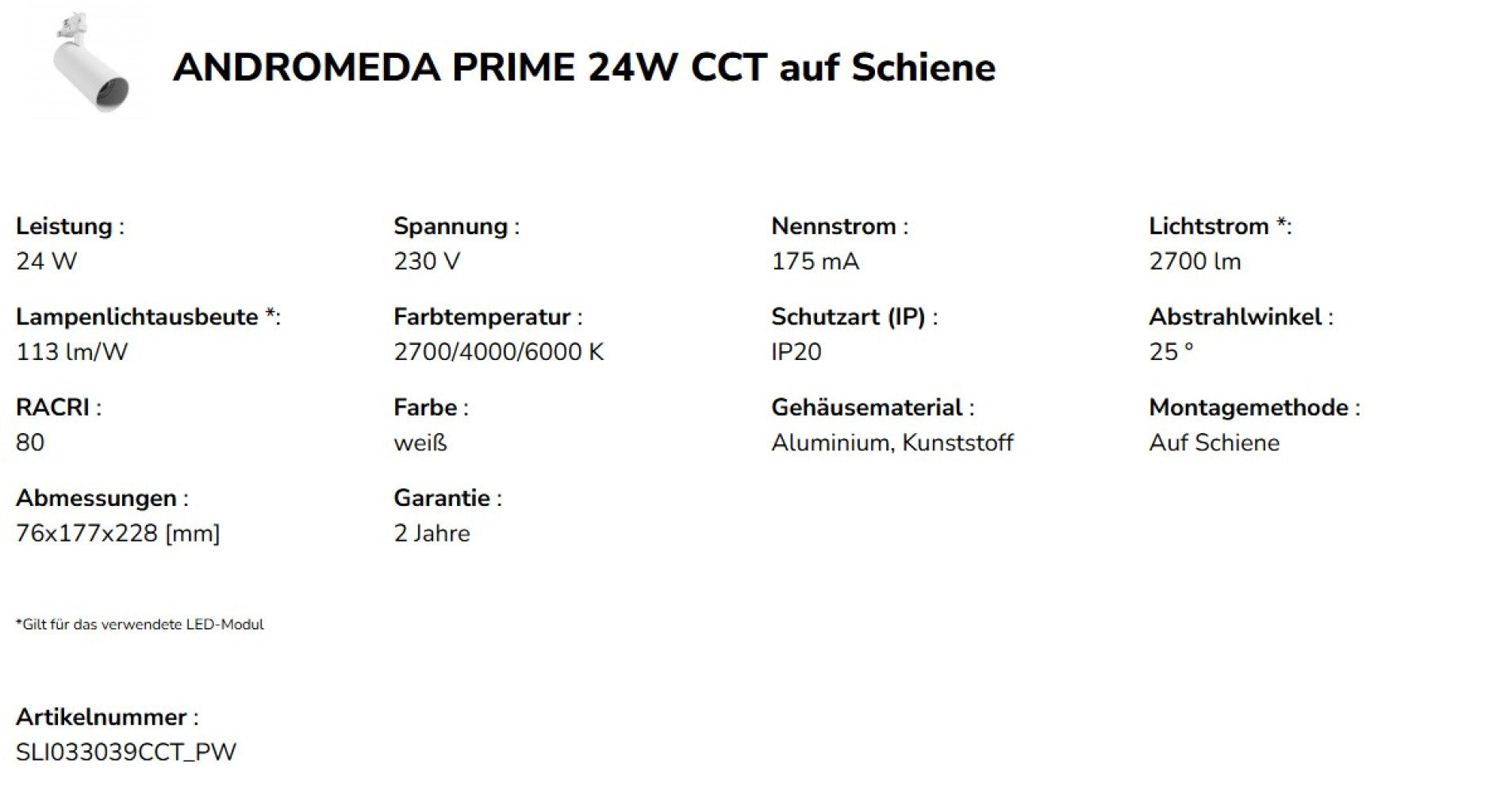 LED 3-Phasen Stromschienenstrahler ANDROMEDA PRIME 24W 2700lm weiss 25° IP20 2700-6000K CCT